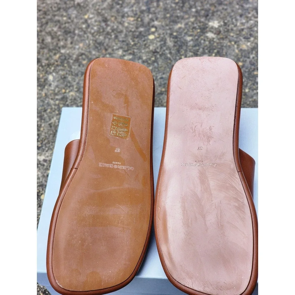CLERGERIE PARIS‎ Ezy Cognac Leather Flat Slide Sandals Square Toe Size 37 NEW